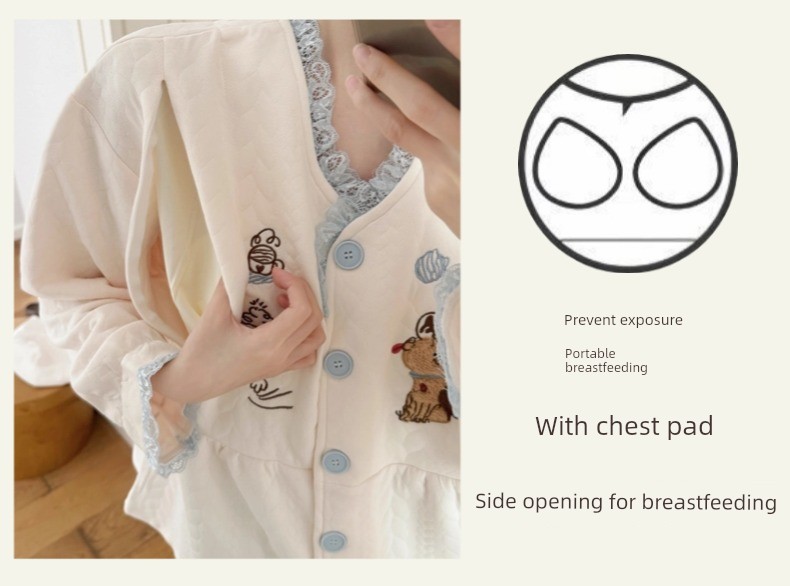 Spring, Autumn, and Winter Maternity Pajamas with Chest Pads, Thickened Air Cotton, No Need to Wear Underwear, Layered Maternity Sleepwear with Hood Set — 3