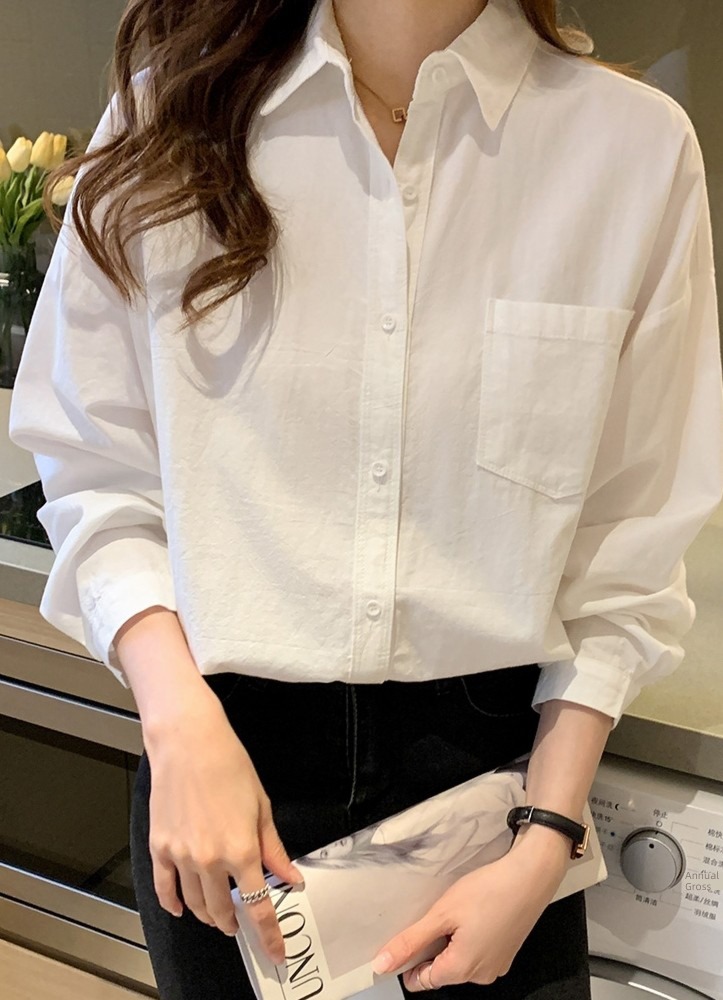 Long sleeve Spring and Autumn Inner lap pure cotton leisure time white shirt