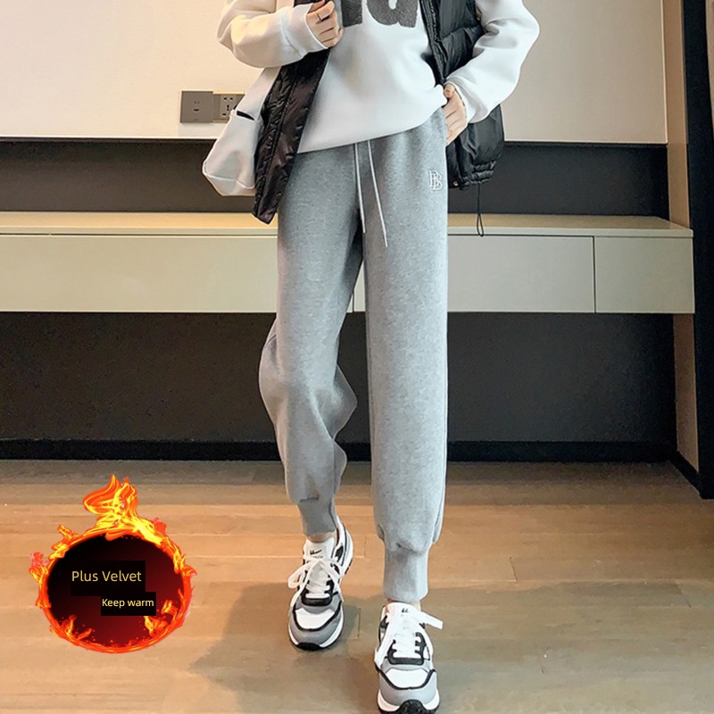 Plush Autumn and winter Embroidery leisure time Nine points Leggings Drawstring