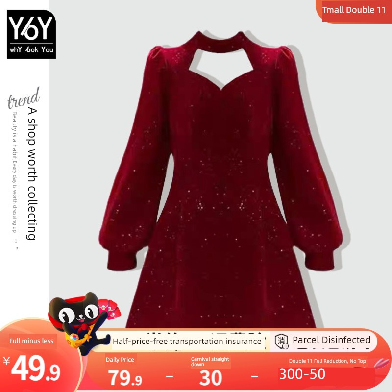 V-collar gules spring and autumn Retro Long sleeve Dress