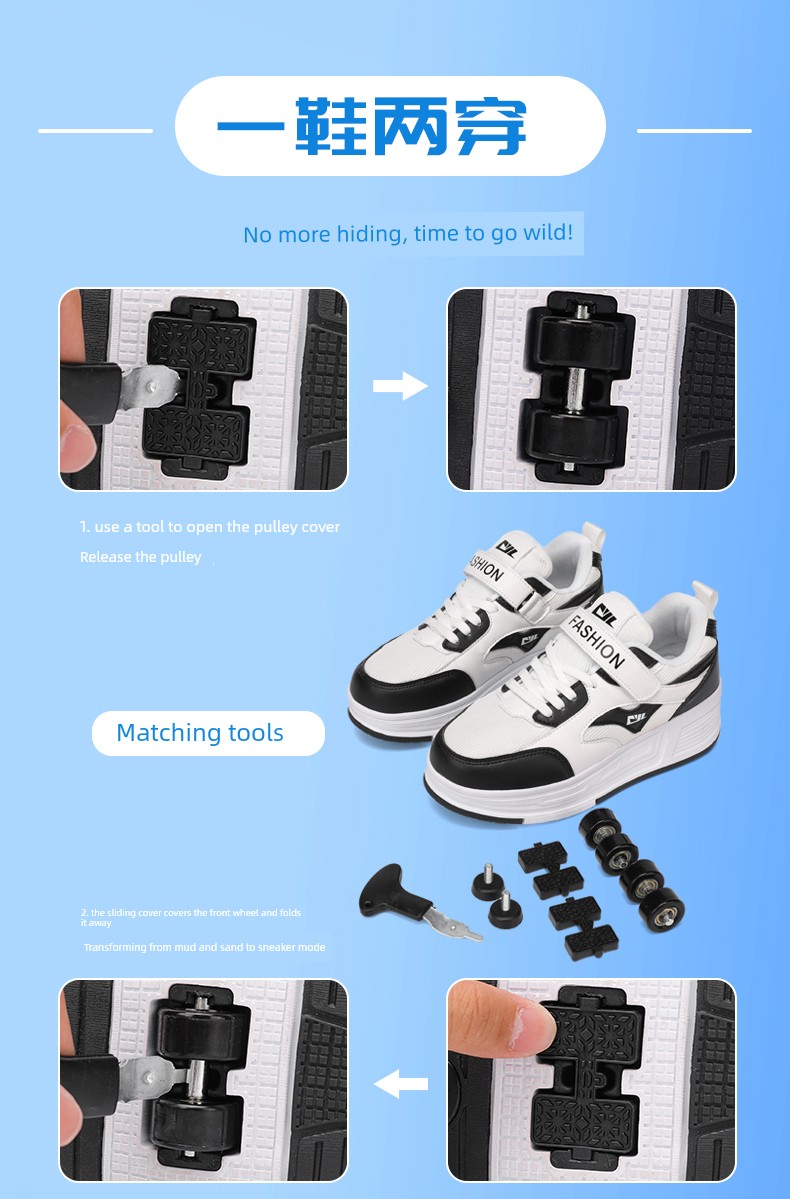 Heelys Shoes for Girls, Invisible Four-Wheel Retractable Children's Shoes, 4-Wheel Adult Roller Skates for Travel, Suitable for Girls Aged 6 to 12 — 4