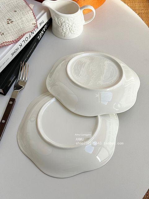 Export single minimalist high-end feel ins lace pure white ceramic tableware restaurant household dish plate