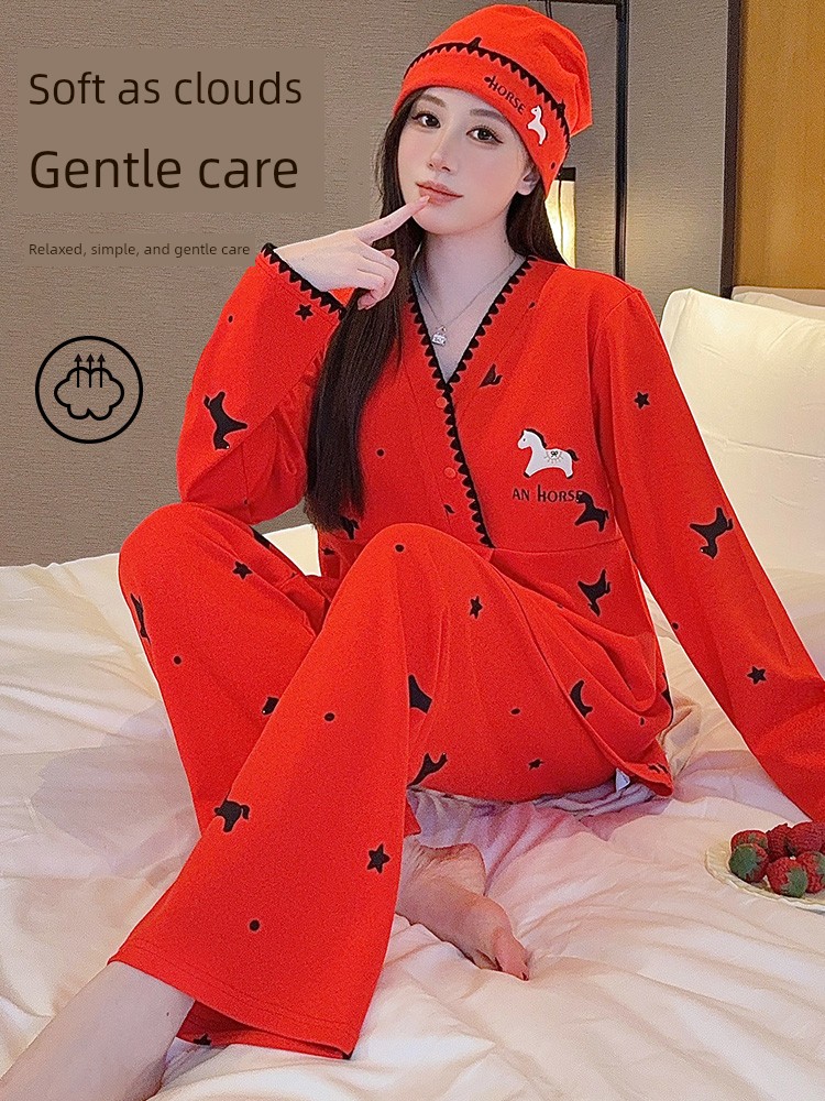 Free Hat with Purchase: Autumn and Winter Pure Cotton Postpartum Clothing, October Postpartum Maternity Nursing Pajama Set, Spring and Autumn Maternity — 2