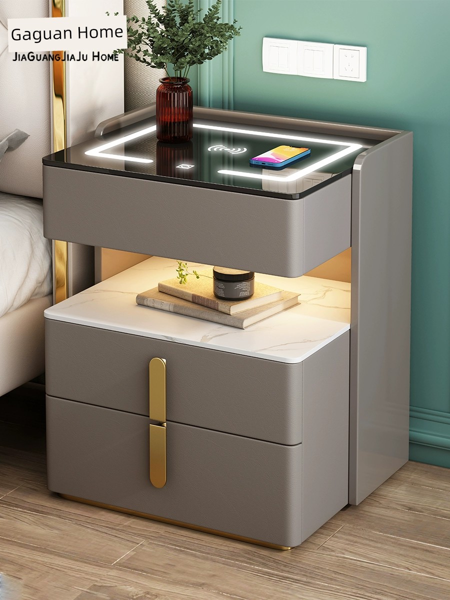 牀頭櫃簡約現代無線充電多功能輕奢意式巖板臥室牀邊實木皮櫃新款