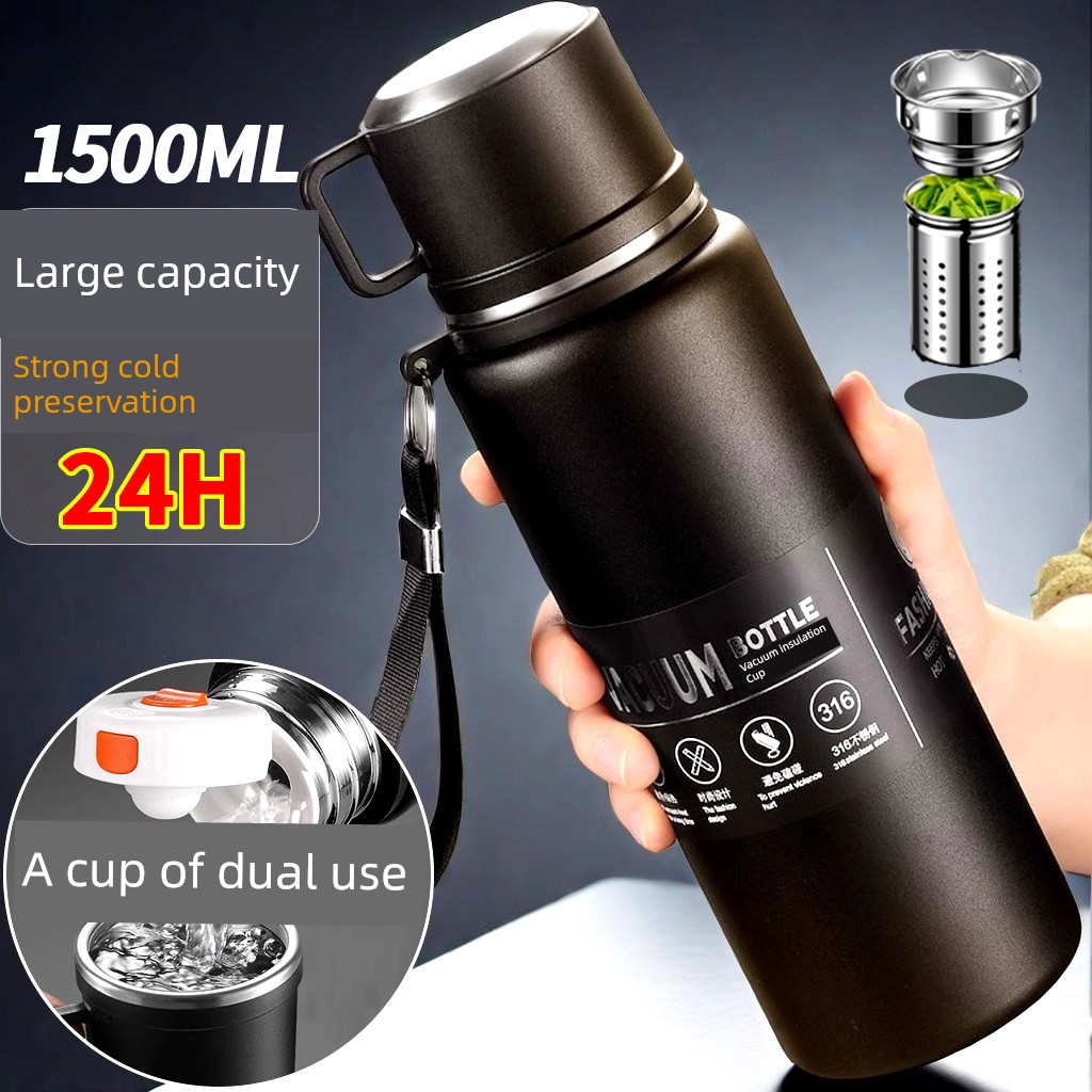 Insulated Vacuum Stainless Steel Outdoor Large-Capacity Water Bottle with Tea Separation, Large Water Cup, New Model for Men and Women, Tea Brewing Cup