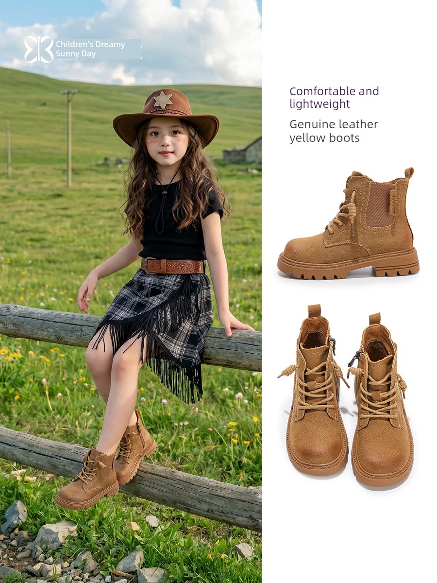 Girls' Martin Boots Autumn 2026 New Children's Short Boots Prairie Boots Genuine Leather Big Kids Leather Boots Mid-Calf Women's Shoes