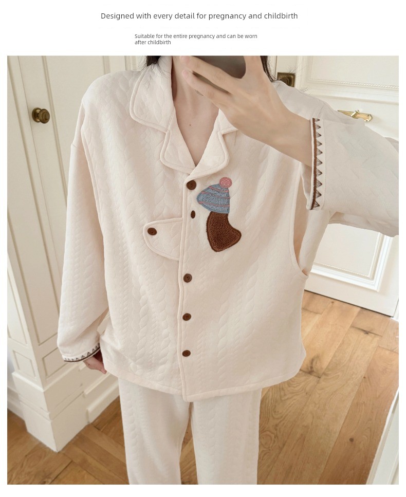 Spring, Autumn, and Winter Maternity Pajamas with Chest Pads, Thickened Air Cotton, No Need to Wear Underwear, Layered Maternity Sleepwear with Hood Set — 31