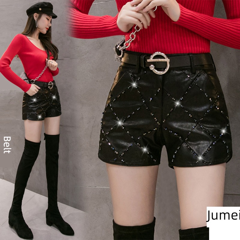 PU skin Inlaid diamond Sequins High waist Fork Lay a foundation shorts