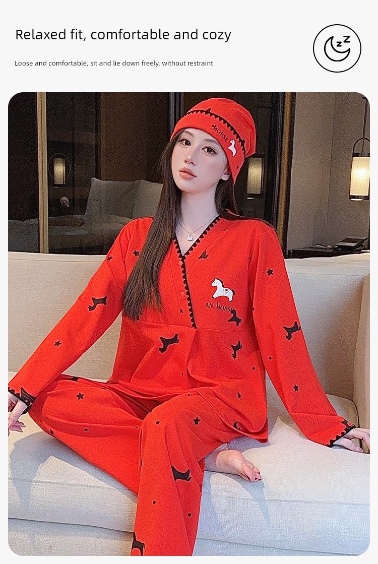 Free Hat with Purchase: Autumn and Winter Pure Cotton Postpartum Clothing, October Postpartum Maternity Nursing Pajama Set, Spring and Autumn Maternity — 7