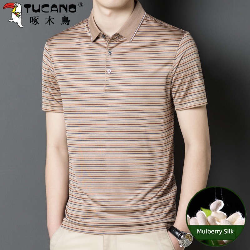 Woodpecker Short sleeve middle age stripe Polo shirt mulberry silk
