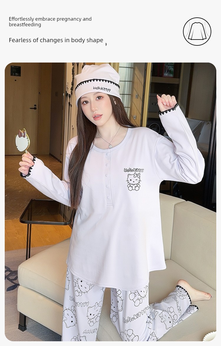 Hat with Chest Pad, Postpartum Clothing, Pure Cotton Nursing Pajamas, Postpartum Maternity Home Wear for Spring, Autumn, and Winter, Can Be Worn Outside — 8