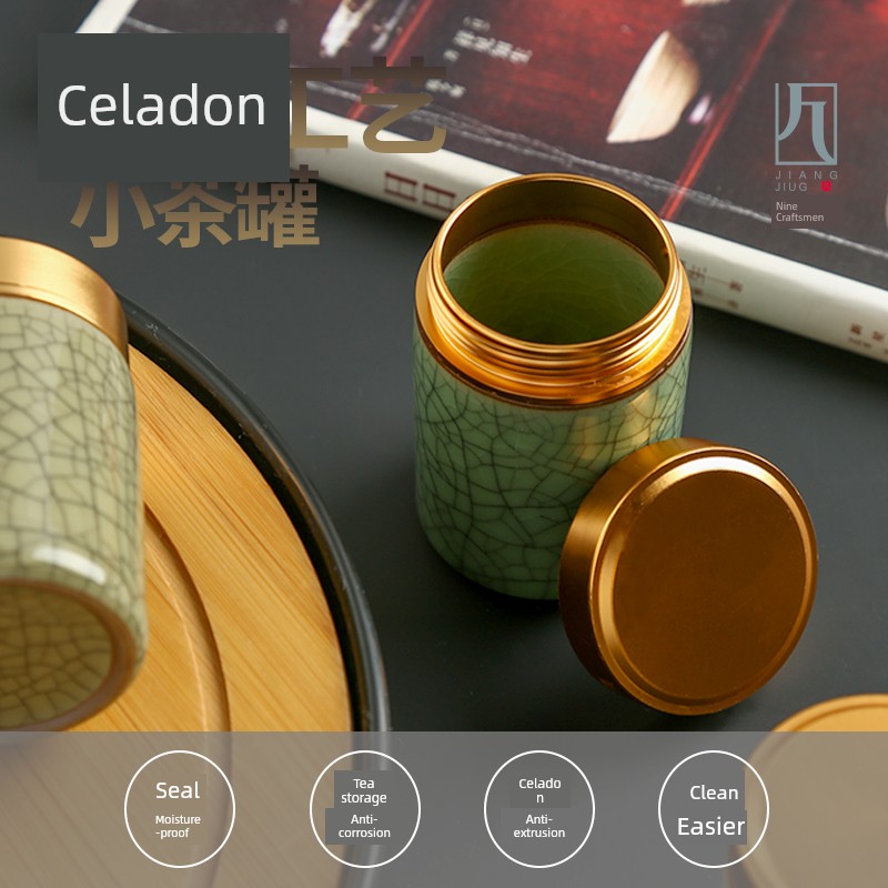 Celadon Small Tea Leaf Jar Portable Metal Threaded Lid Mini Tea Jar Pu'er Green Tea Sealed Jar Storage Jar