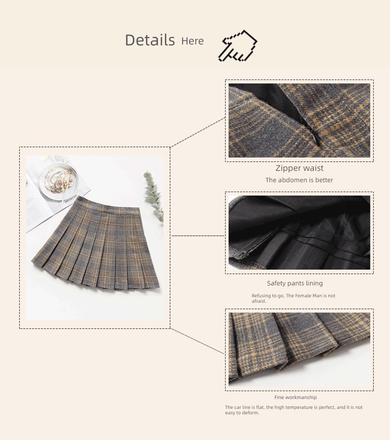 Wool lattice female Autumn and winter Academic atmosphere thickening Pleated skirt