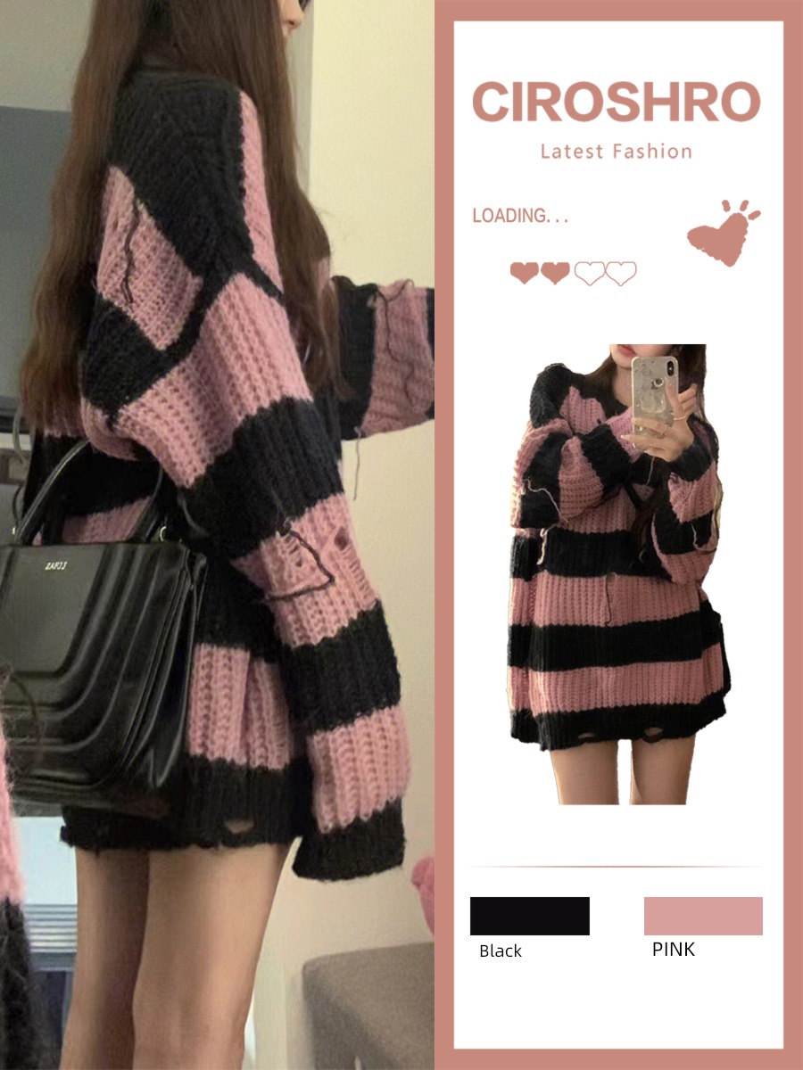 loose coat female over size Advanced sense stripe Sweater