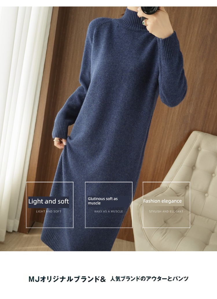 Korean version Medium and long term knitting Half high collar easy Wool dress