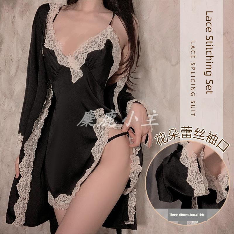 Light luxury Elk spring sexy Fork Lace pajamas