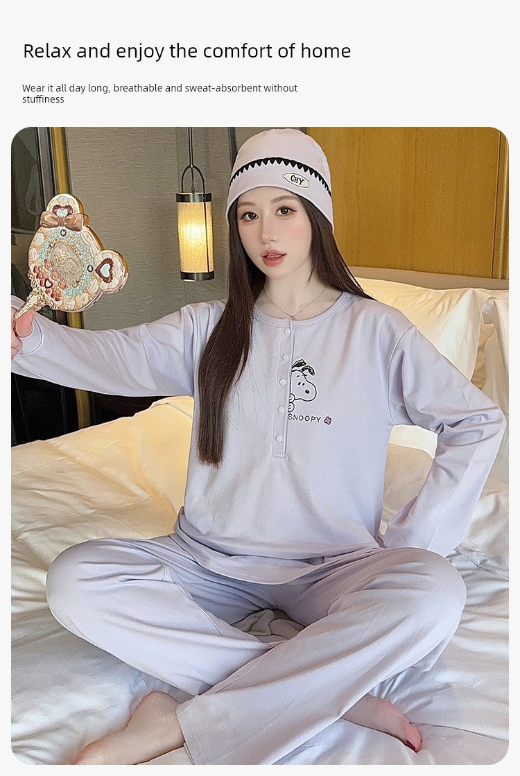 Maternity Pajamas with Hat, Pure Cotton, Sweat-Absorbent, Suitable for All Seasons, Postpartum Nursing Loungewear for Autumn and Winter — 4