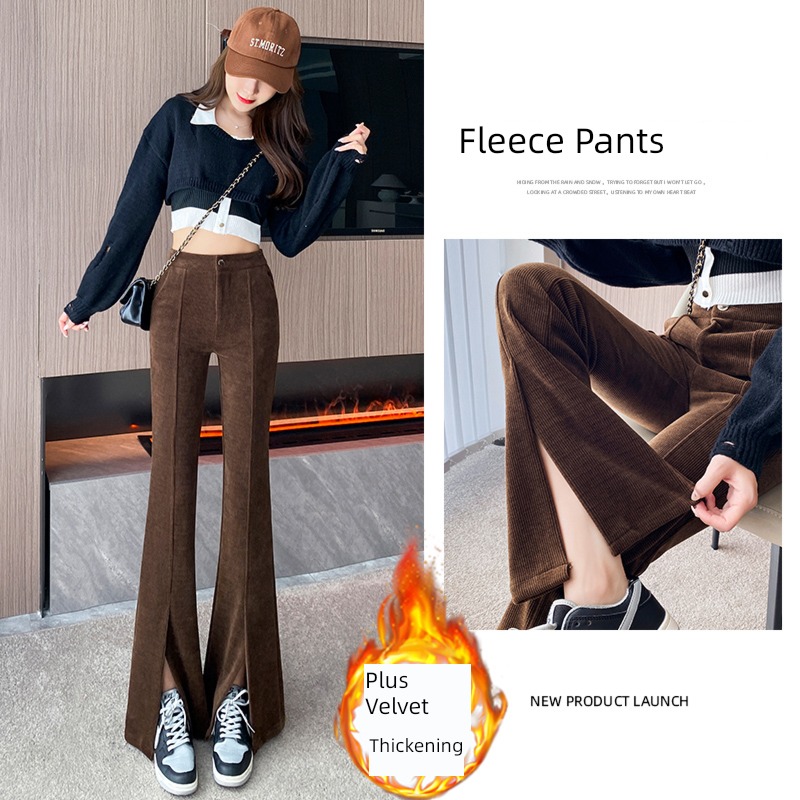 corduroy Wide leg pants female Autumn and winter new pattern Plush thickening Straight cylinder Show thin Mopping Micro horn trousers leisure time trousers