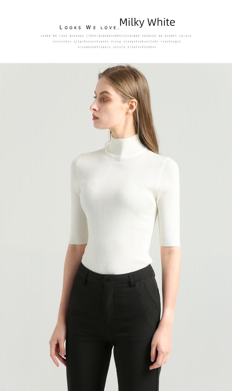 Self-cultivation Inner lap spring and autumn Half high collar black Short sleeve sweater