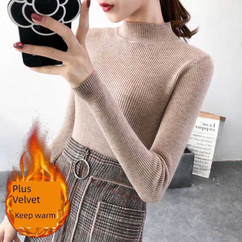 Plush thickening Inner lap keep warm Half high collar Tight fitting sweater