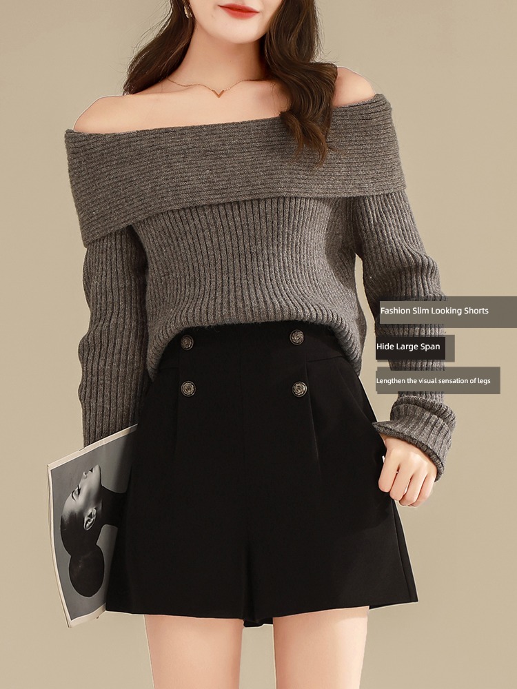 black Hot money Autumn and winter Wear out High waist suit shorts