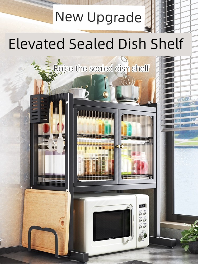 廚房微波爐置物架防塵碗櫃 簡約現代黑色三層碗櫃豪華套裝 微波爐款