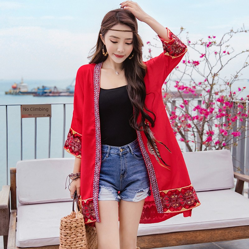 sandy beach Seaside holiday ethnic style Nine point sleeve Embroidery