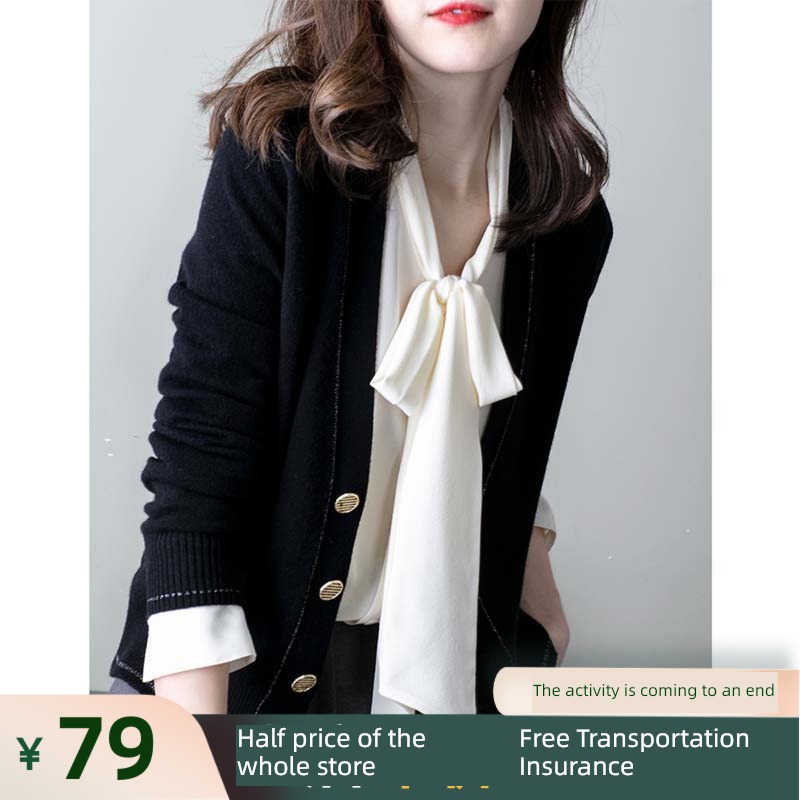 loose coat female Color contrast V-neck Cashmere fashionable knitting Cardigan