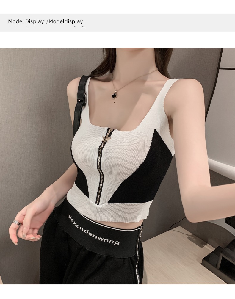 Retro Color contrast Exposed navel camisole Sleeveless jacket Vest